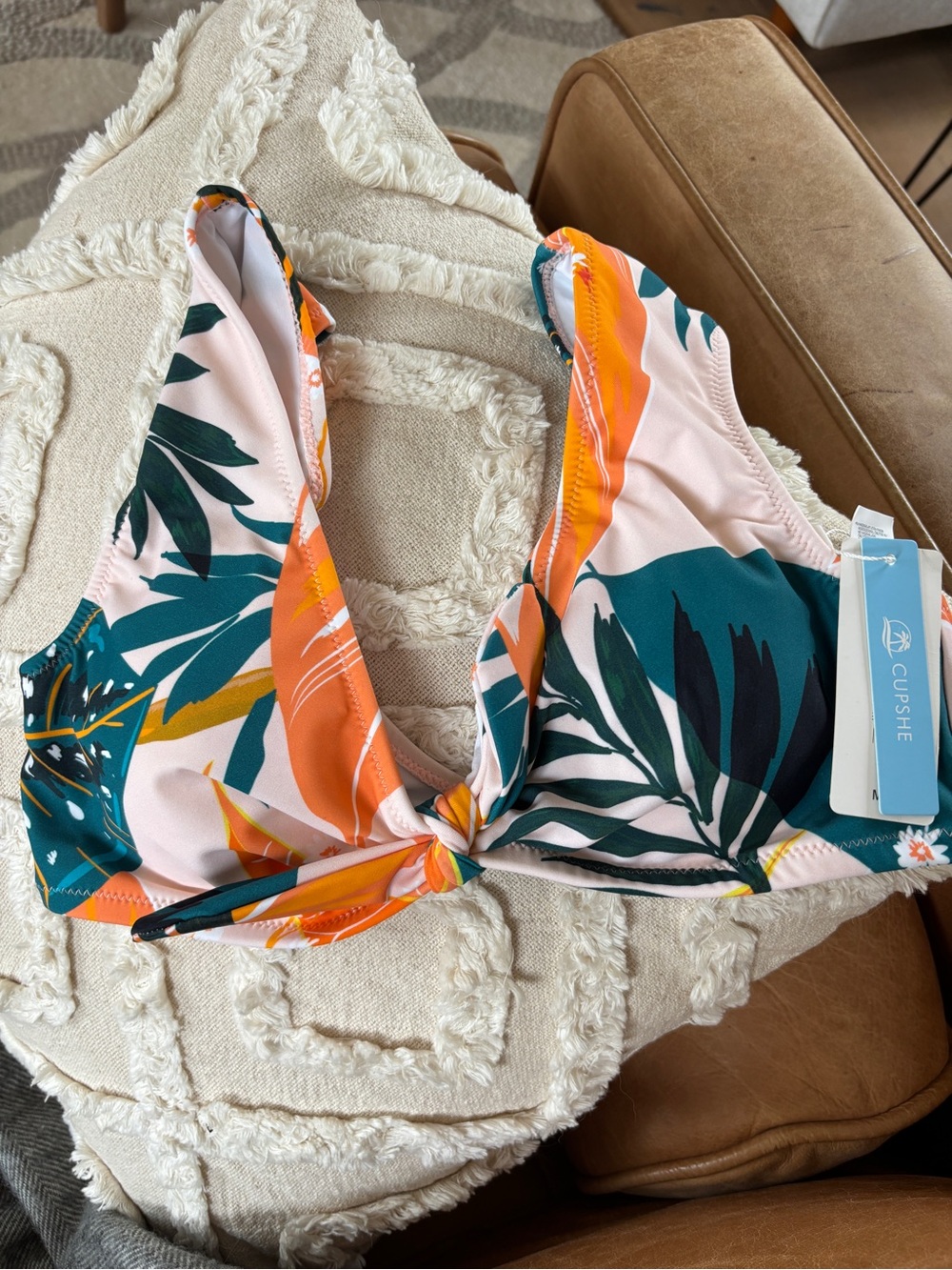 Cupshe Abstract Floral Thick Strap Bikini Top, Coral and Teal